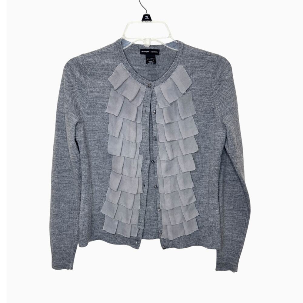 NY and Co Gray Ruffled Sweater Cardigan XS